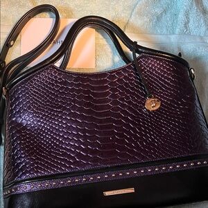 NWOT Brahmin Bag.Black & Deep Purple Textured Tote Handbag - Leather Accents